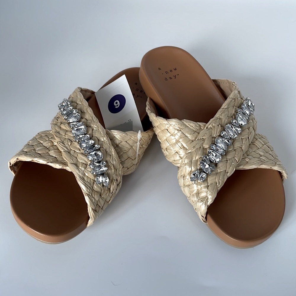 A New Day Phylis Raffia Woven Cross Strap Slide Sandals